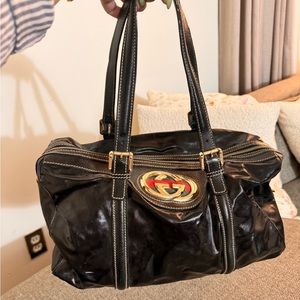 Gucci Britt Boston Bag Deluxe Medium Black Shiny Coated Twill & Satchel